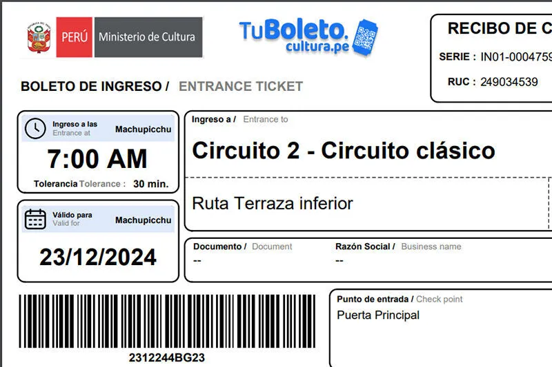 Boleto Oficial Machu Picchu